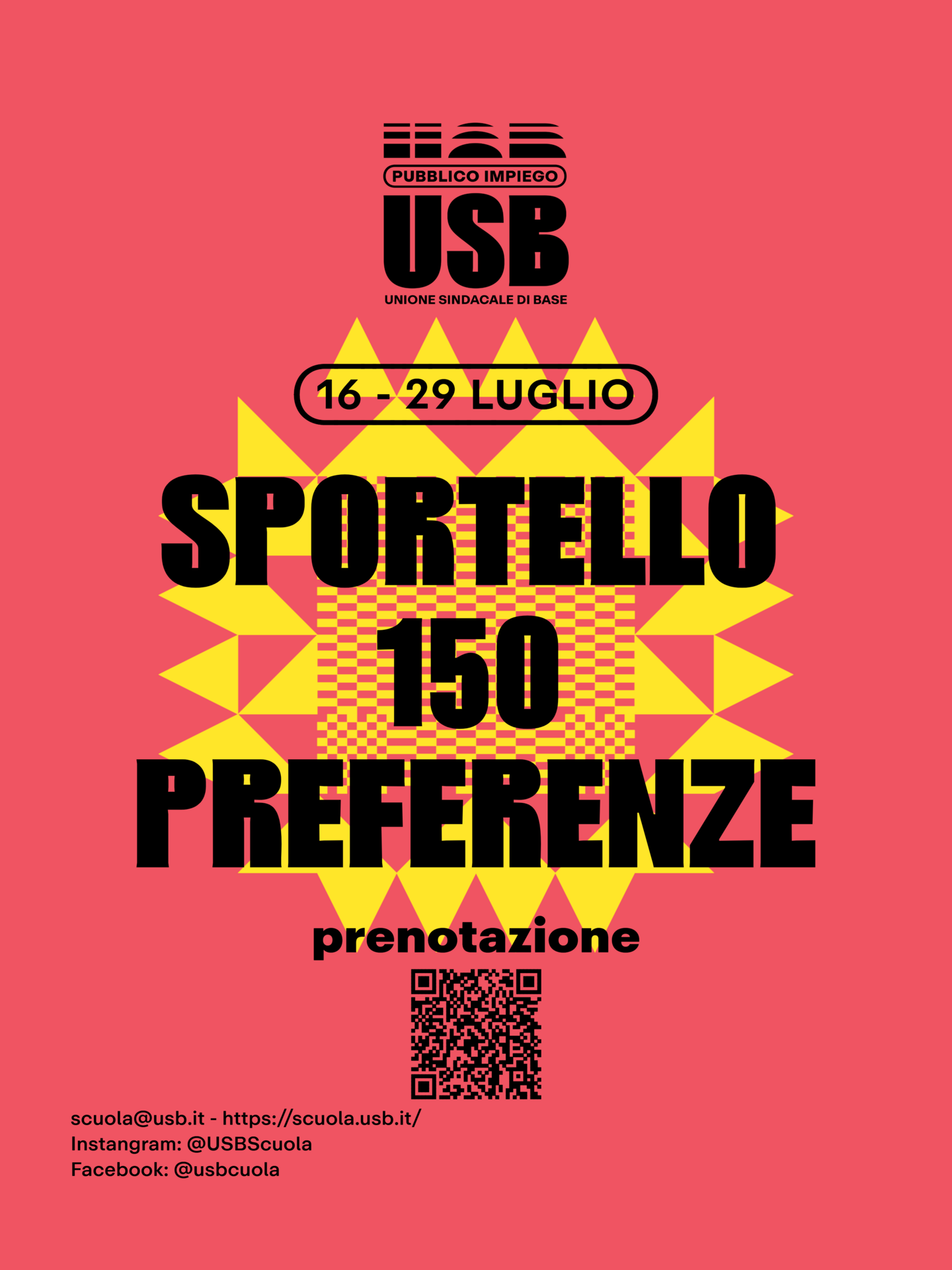 USB Scuola: Avvio prenotazioni sportello 150 preferenze