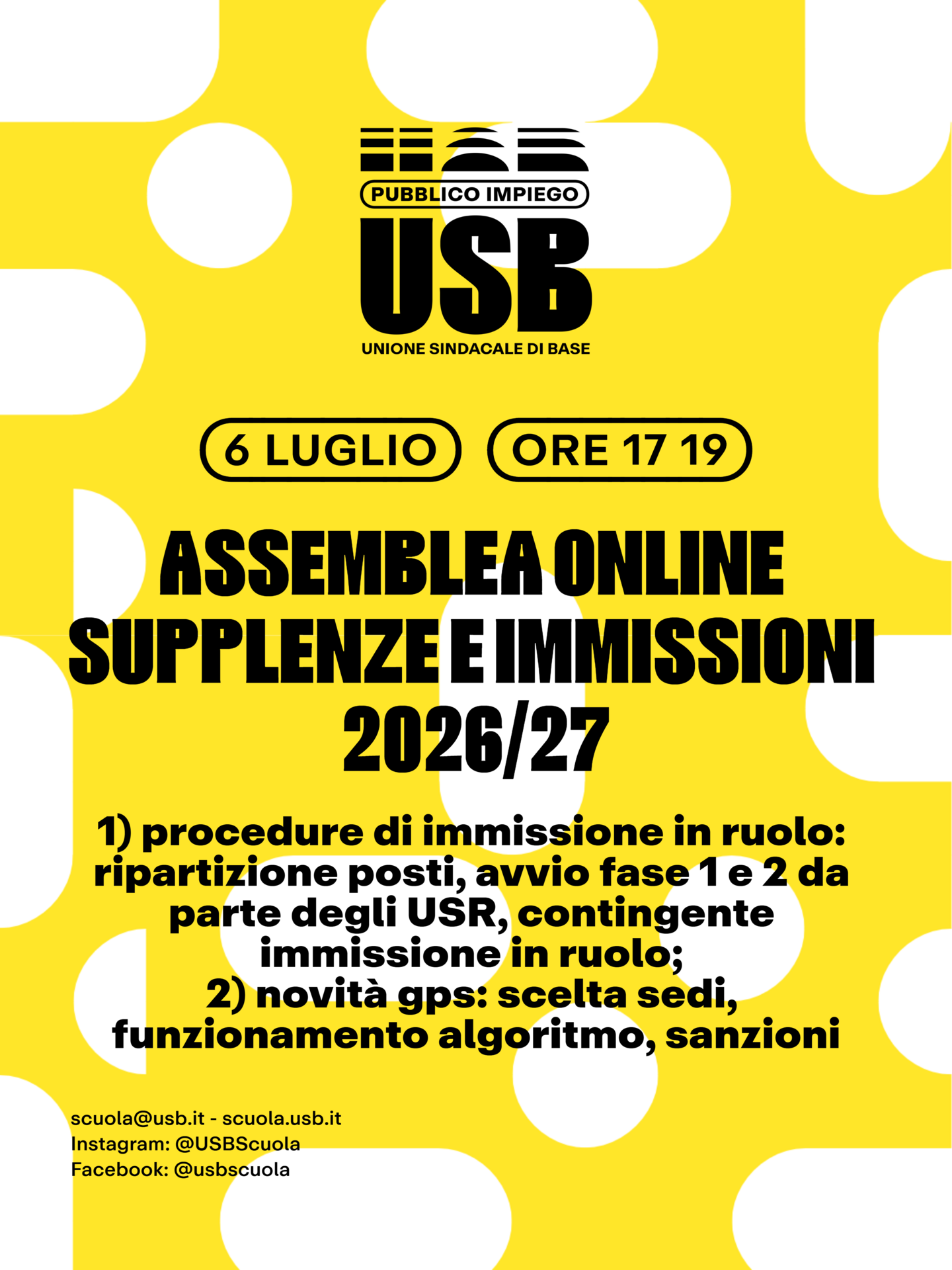 USB Scuola: Assemblea online su supplenze e immissioni in ruolo A.S. 2026/27